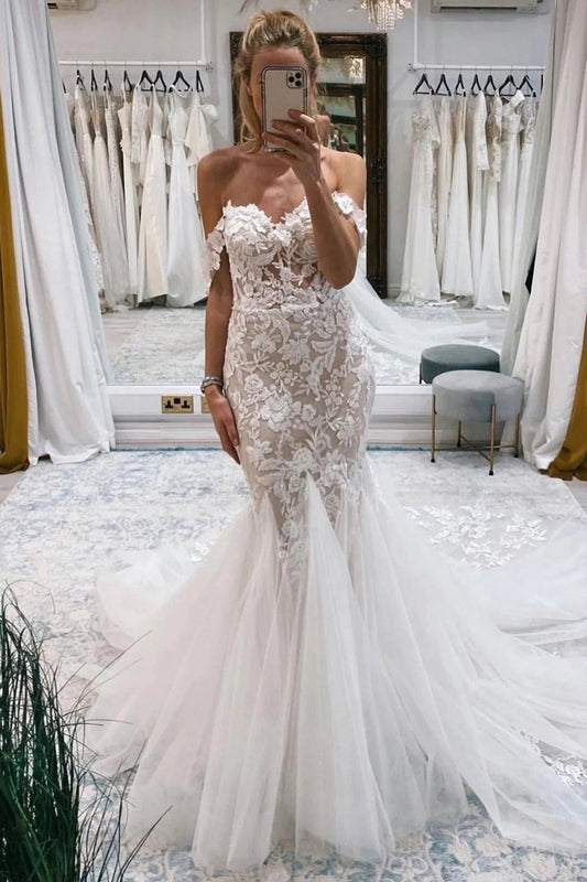 Off the Shoulder Long Lace Mermaid Wedding Dresses