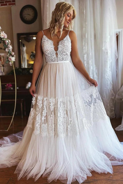 Boho A-line Long Tulle Wedding Dresses with Appliques