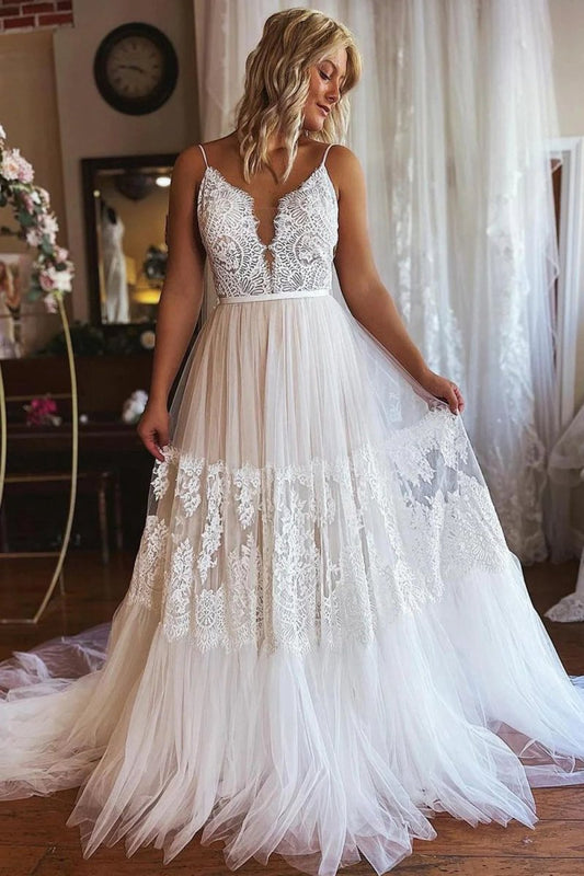 Boho A-line Long Tulle Wedding Dresses with Appliques