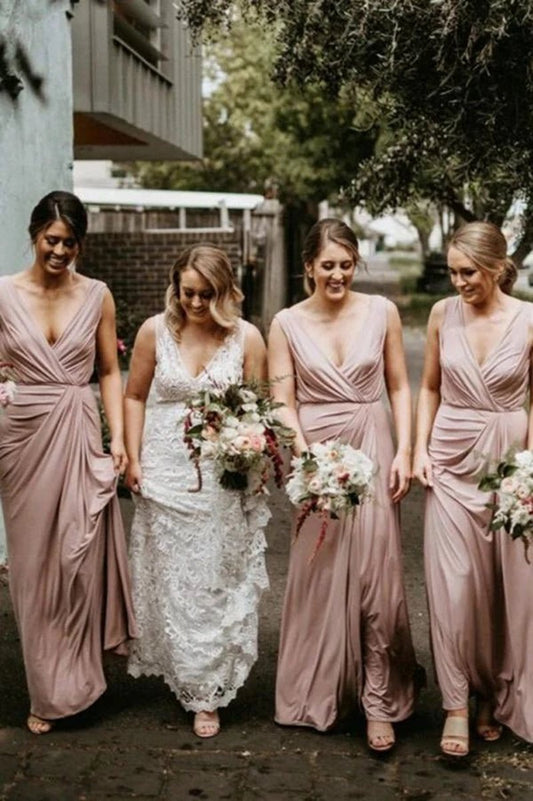 Chic V Neck Sleeveless Long Bridesmaid Dresses Simple Floor Length Bridesmaid Dresses