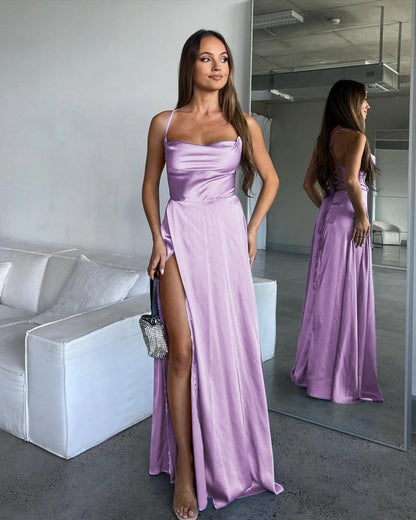 A-line Cowl Neck Silk Satin Bridesmaid Dresses with Slit