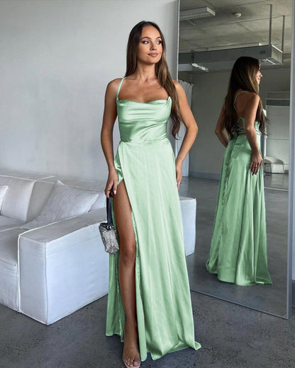 A-line Cowl Neck Silk Satin Bridesmaid Dresses with Slit