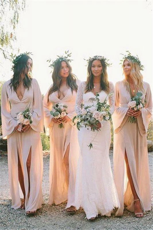 Boho A-line Deep V Neck Long Sleeves Light Bridesmaid Dresses
