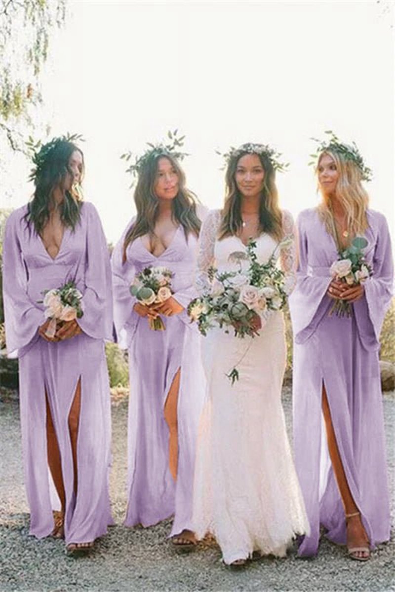 Boho A-line Deep V Neck Long Sleeves Light Bridesmaid Dresses