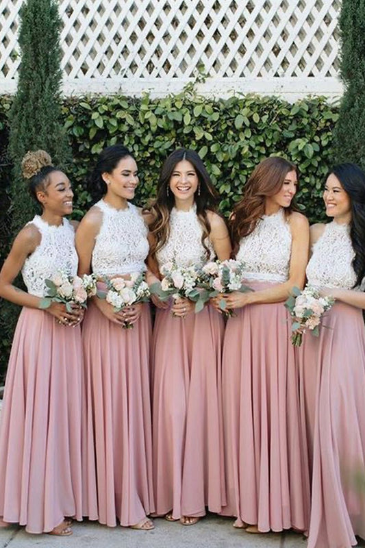 2 Piece Lace and Chiffon Long Beach Bridesmaid Dresses