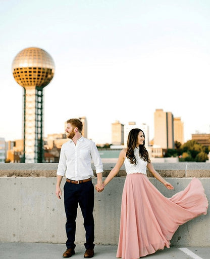 2 Piece Lace and Chiffon Long Beach Bridesmaid Dresses