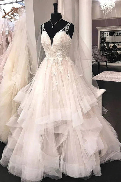 Ball Gown V Neck Tulle Lace Wedding Dresses