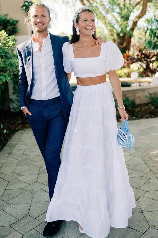 A-line Two Piece Square Neck Satin Long Wedding Dresses