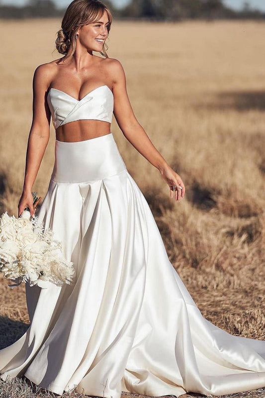 Charming A-line Two Piece Sweetheart Satin Wedding Dresses