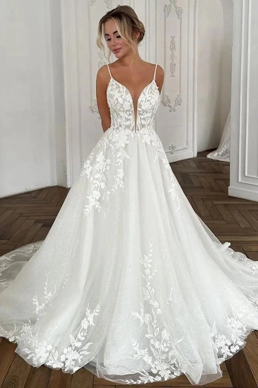 Charming A-line V Neck Tulle Long Wedding Dresses with Appliques