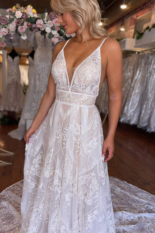 Boho A-line V Neck Lace V Neck Wedding Dresses