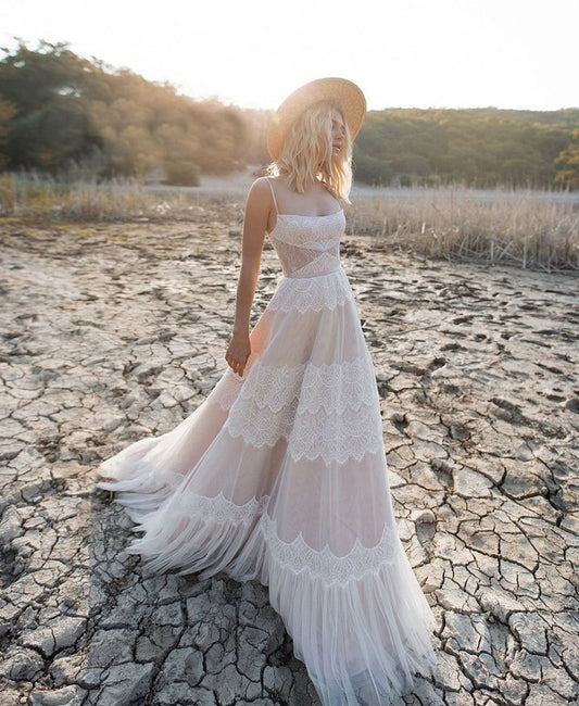 A-line Lace Spaghetti Straps Sleeveless Boho Wedding Dresses