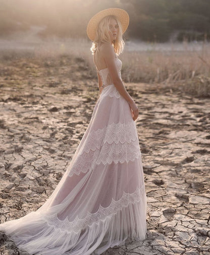 A-line Lace Spaghetti Straps Sleeveless Boho Wedding Dresses