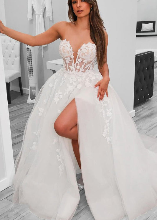 A-line Sweetheart Tulle Wedding Dresses with Slit