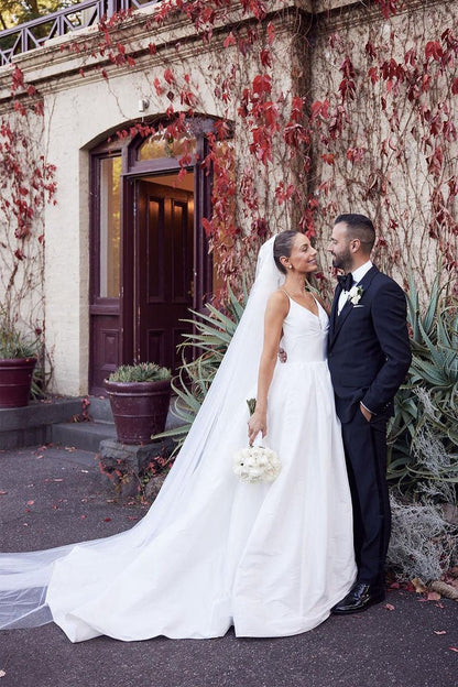 A-line Satin Spaghetti Straps Backless Wedding Dresses