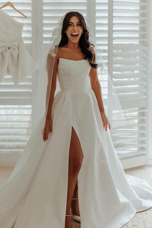 A-line Satin Strapless Wedding Dresses with Slit