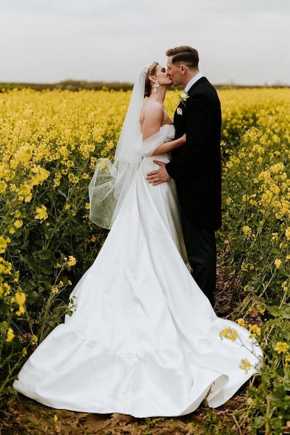 A-line Satin Off the Shoulder Wedding Dresses