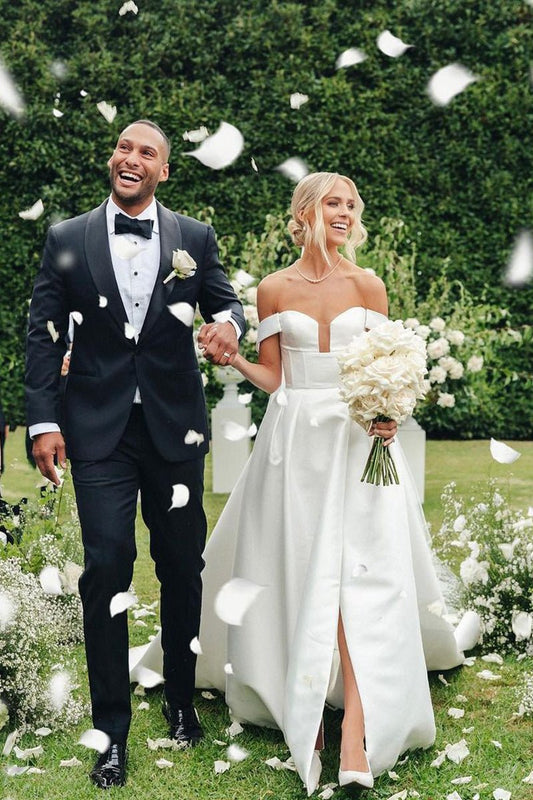 A-line V Neck Satin Wedding Dresses with Detachable Straps