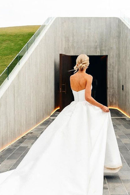 A-line V Neck Satin Wedding Dresses with Detachable Straps