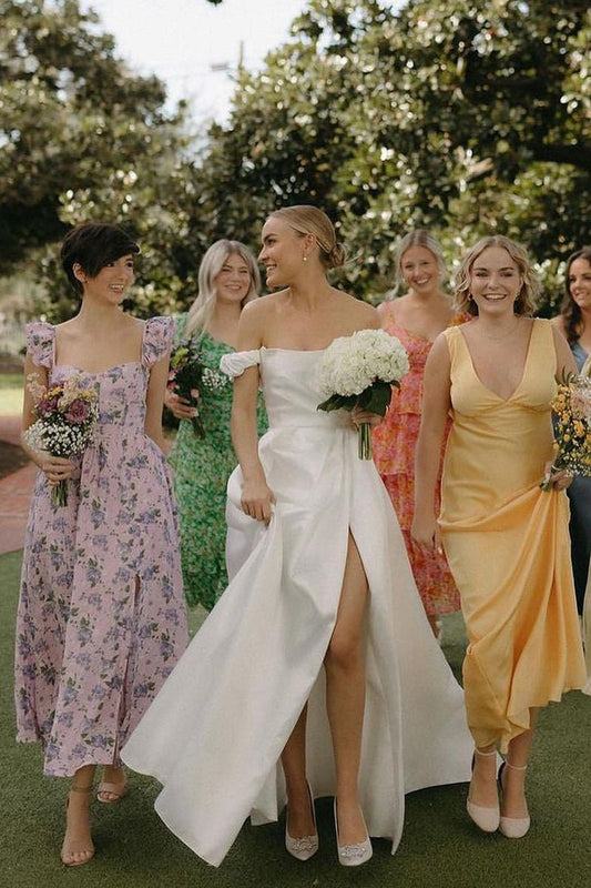 A-line Satin Off the Shoulder Wedding Dresses with Slit
