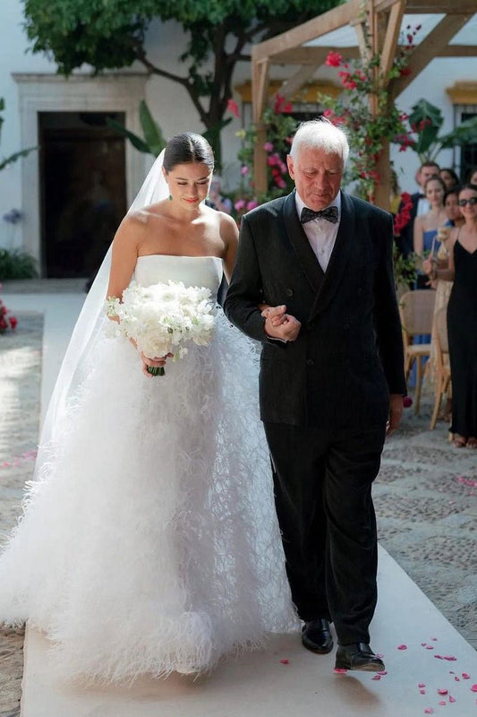 A-line Strapless Satin Wedding Dresses with Feather