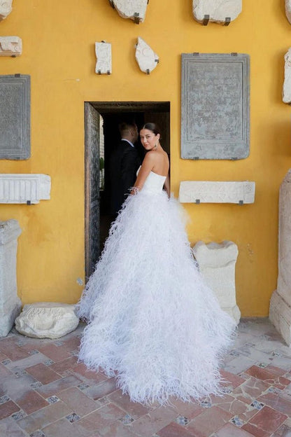 A-line Strapless Satin Wedding Dresses with Feather