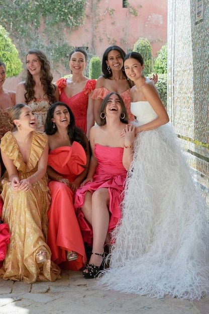 A-line Strapless Satin Wedding Dresses with Feather