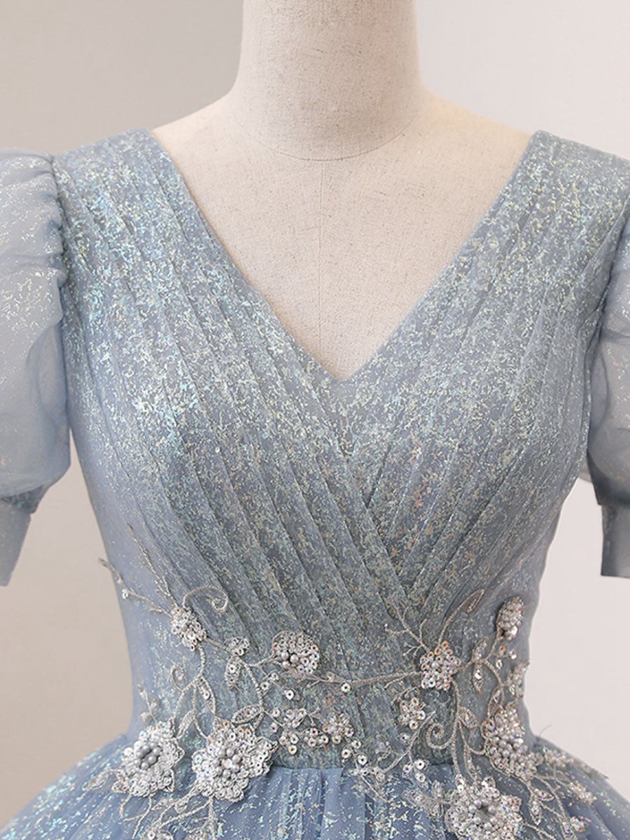 Quinceanera Dresses V Neck Tulle Sequin Long Prom Dresses Formal Sweet Dresses