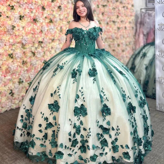 3D Flowers Off Shoulder Tulle Appliques Beaded Pageant Lace Up Quinceanera Dresses