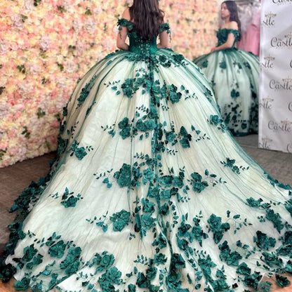 3D Flowers Off Shoulder Tulle Appliques Beaded Pageant Lace Up Quinceanera Dresses
