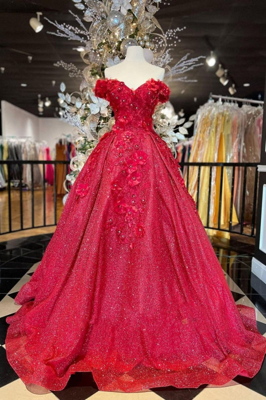 Chic Ball Gown V Neck Beads Appliques Off-the-Shoulder Long Quinceanera Dresses