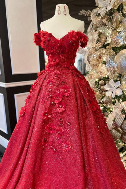 Chic Ball Gown V Neck Beads Appliques Off-the-Shoulder Long Quinceanera Dresses