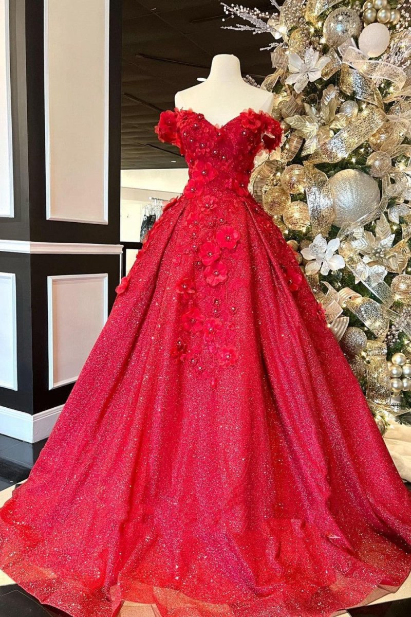 Chic Ball Gown V Neck Beads Appliques Off-the-Shoulder Long Quinceanera Dresses