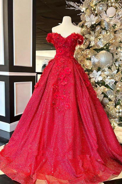 Chic Ball Gown V Neck Beads Appliques Off-the-Shoulder Long Quinceanera Dresses