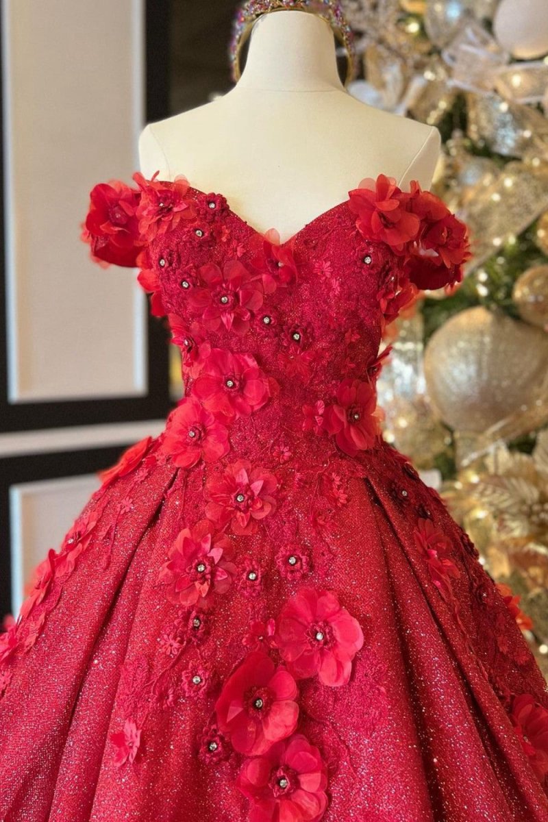 Chic Ball Gown V Neck Beads Appliques Off-the-Shoulder Long Quinceanera Dresses