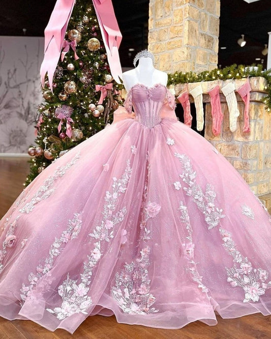 Off the Shoulder Lace Up Back Appliques Tulle Quinceanera Dresses