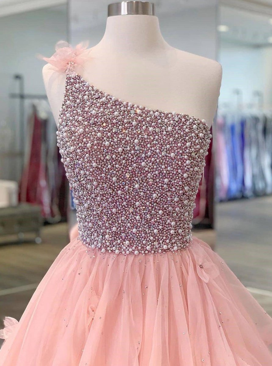 Quinceanera Dresses Ball Gown Long Prom Dresses One Shoulder Zipper up Beads