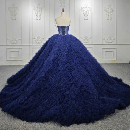 Quinceanera Dresses Classic Dark Navy Strapless Quinceanera Dresses Sleeveless Sweetheart Beading Ball Gown