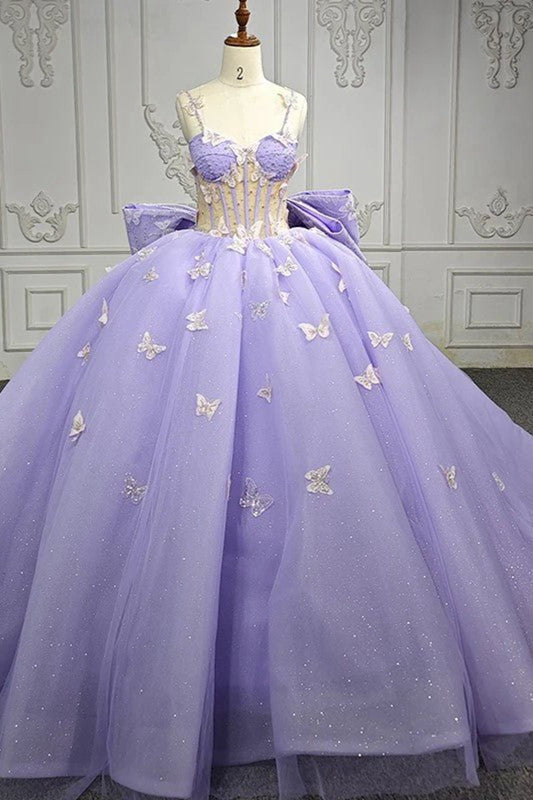 Quinceanera Dresses Exquisite Spaghetti Straps Quinceanera Dresses Sleeveless Ball Gown with Butterfly Appliques and Bowknot