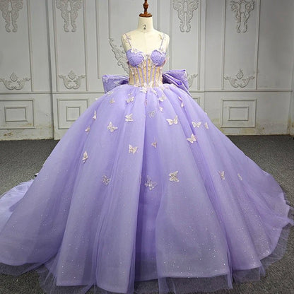 Quinceanera Dresses Exquisite Spaghetti Straps Quinceanera Dresses Sleeveless Ball Gown with Butterfly Appliques and Bowknot
