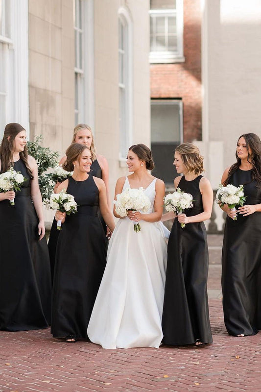 Simple A-line Round Neck Satin Long Bridesmaid Dresses