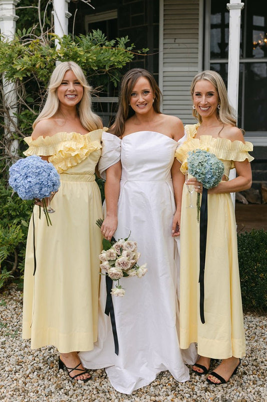 Off the Shoulder Ruffle Satin Ankle Length Bridesmaid Dresses