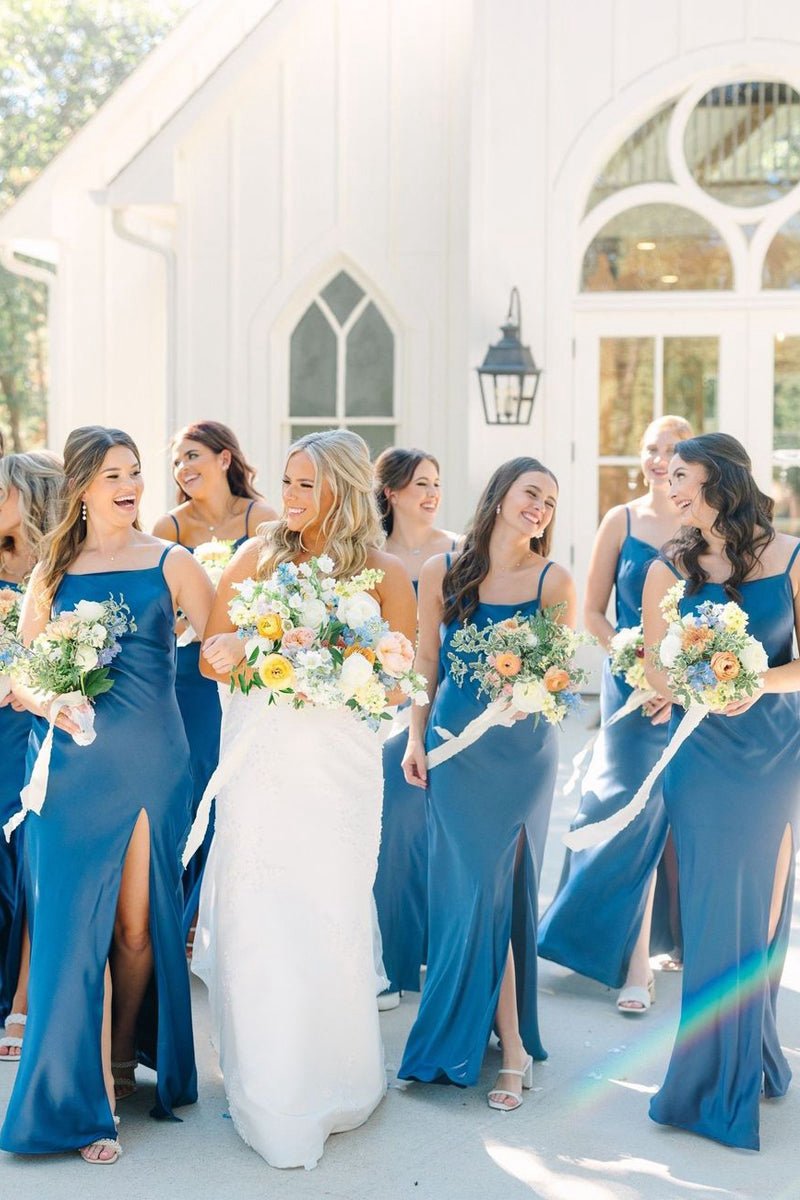 Simple Mermaid Spaghetti Straps Long Bridesmaid Dresses with Bow Back