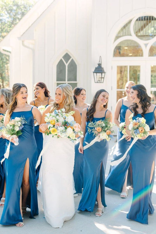 Simple Mermaid Spaghetti Straps Long Bridesmaid Dresses with Bow Back