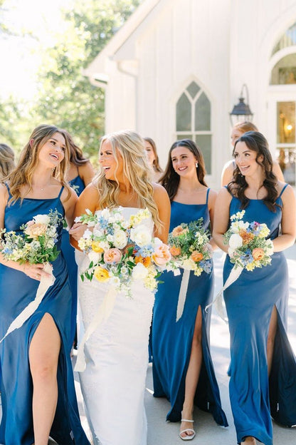 Simple Mermaid Spaghetti Straps Long Bridesmaid Dresses with Bow Back