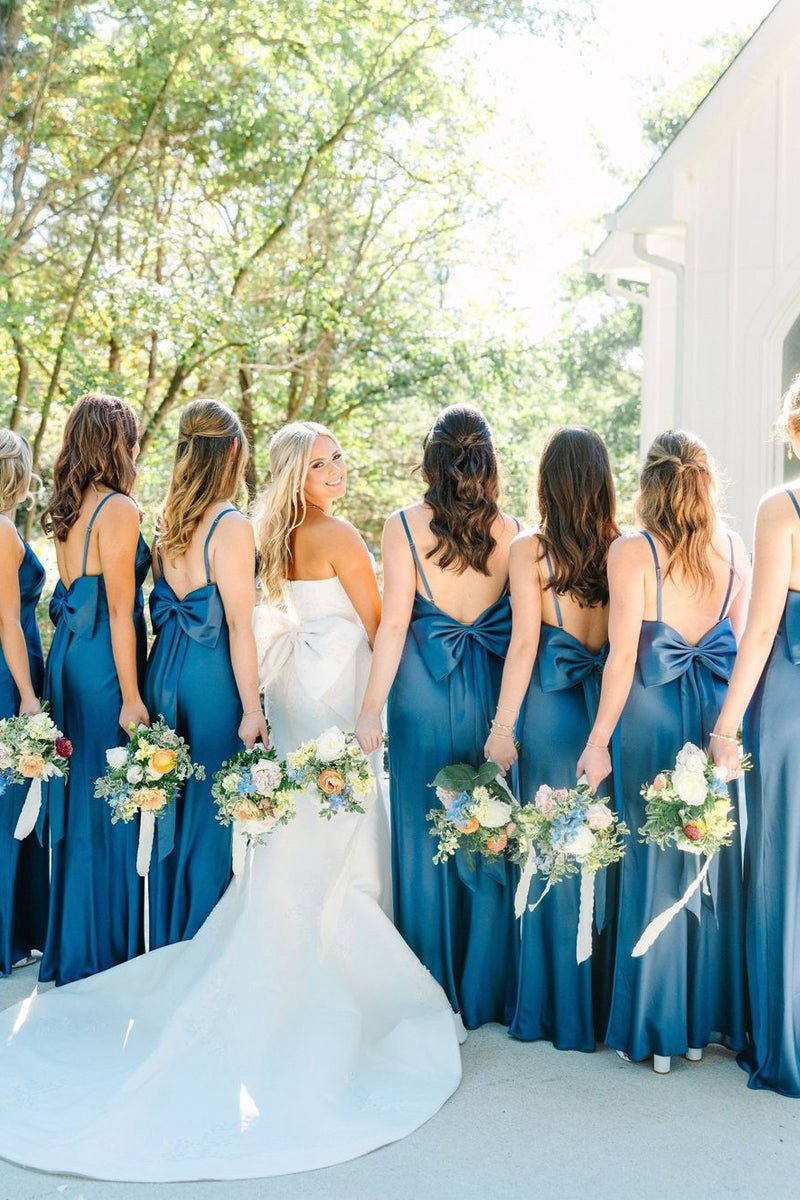 Simple Mermaid Spaghetti Straps Long Bridesmaid Dresses with Bow Back