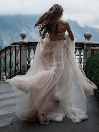 A-line Sweetheart Tulle Long Wedding Dresses