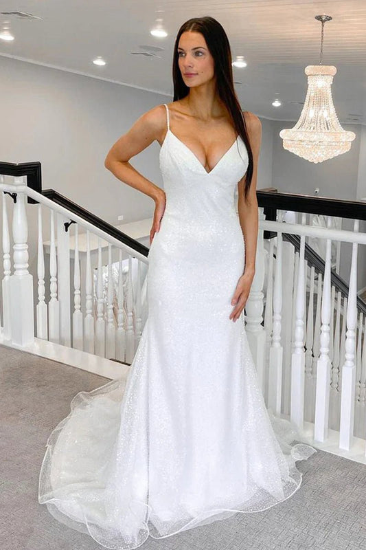 Sparkly Mermaid V Neck Sequins Wedding Dresses