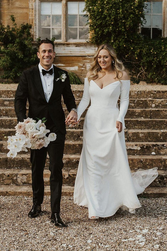 Simple A-line Off the Shoulder Long Sleeves Satin Wedding Dresses