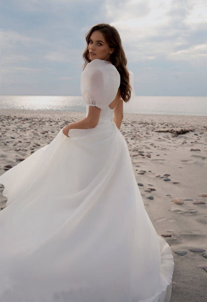 Charming A-line Square Neck Short Sleeves Wedding Dresses with Train